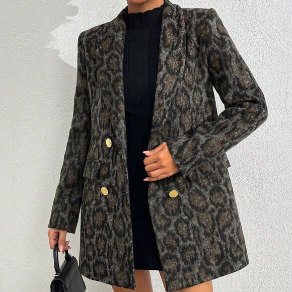 Elegant Women's Leopard Printed double breasted Blazer Jacket - Picture 8 of 8